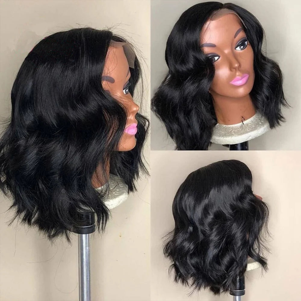 Black Body Wave Bob 13x4 Lace Front Wig (4x4 Closure Option) – 100% Human Hair, Pre-Plucked, Transparent Lace