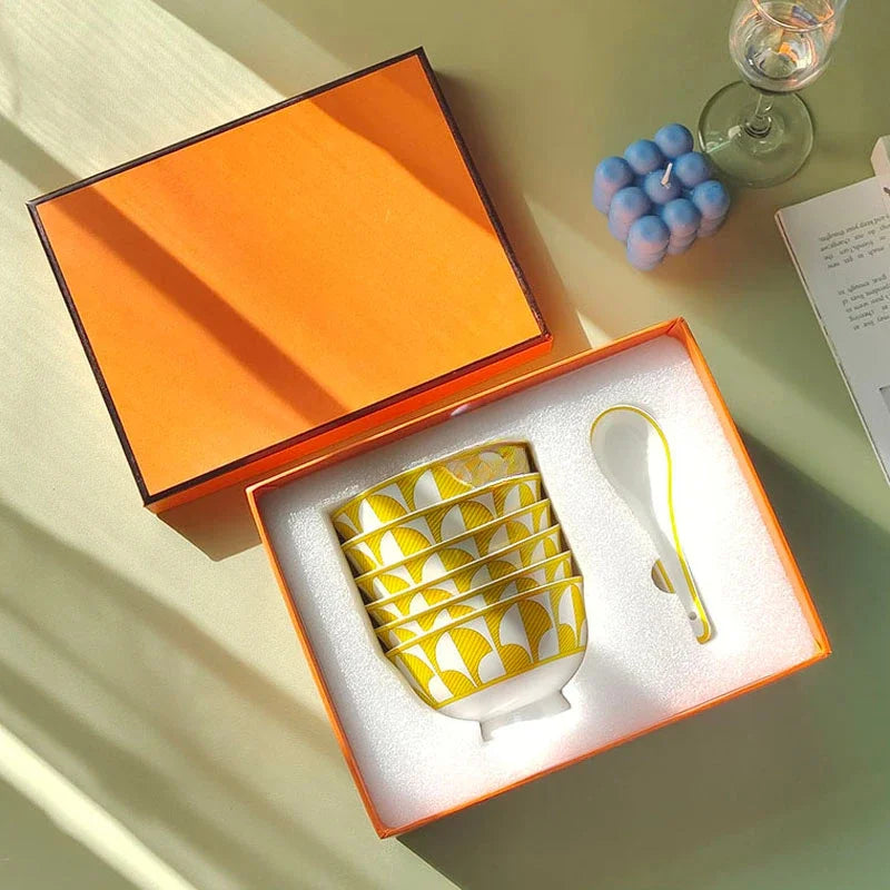 European Style Bone China Tableware Set – Sunshine Geometric Steak Plate & Cup Gift Set for Elegant Dining