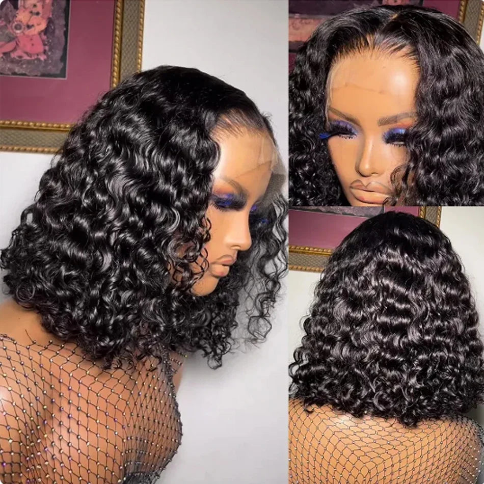 100% Brazilian Curly Lace Front Wig – Glueless Short Bob Deep Water Wave 13×4 HD Lace Frontal Human Hair Wig
