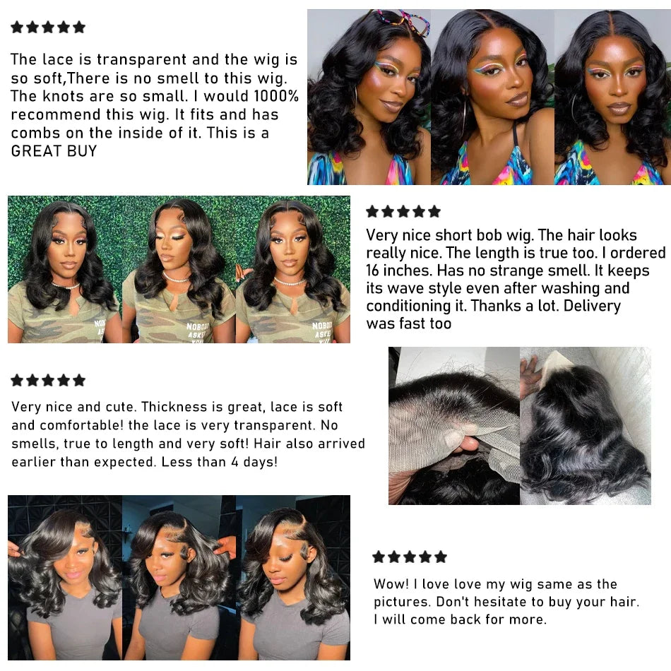 220% Density Body Wave Short Bob 13x4 HD Transparent Lace Front Human Hair Wig (1B Natural Black) – Pre-Plucked