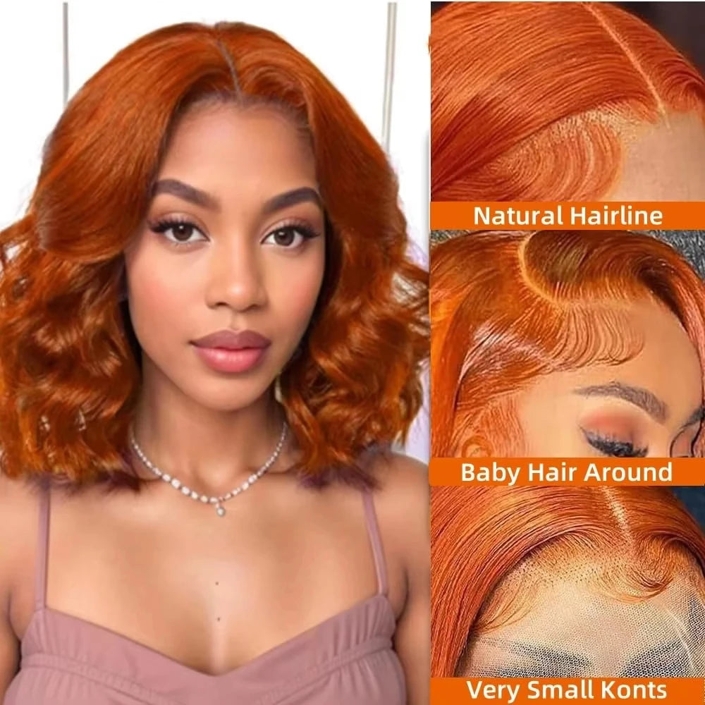 Ginger Orange Body Wave Bob Glueless 4x4 HD Lace Closure Remy Human Hair Wig (#350, Pre-Plucked)