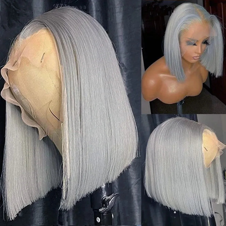 Silver Grey Bob Wig | 13x6 Lace Front Human Hair Wig | Straight Brazilian Remy Hair | 200% 250% Density