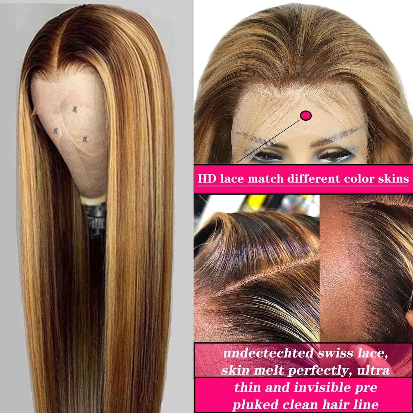4/27 Highlight Straight HD Lace Front Wig – 38 Inch Long Human Hair, 200% Density Brazilian Wig