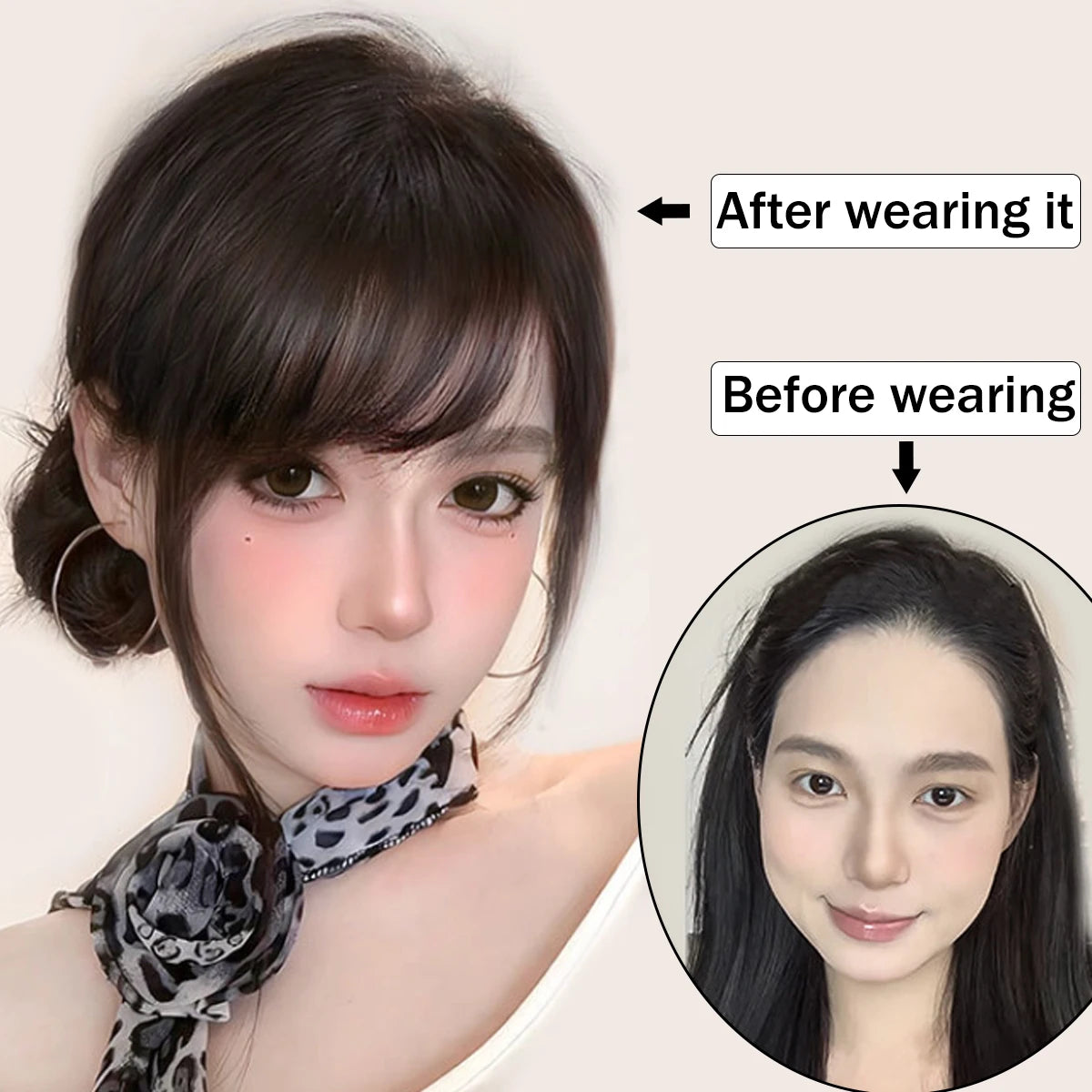 Slanted Air Bangs Clip-In Hairpiece | Synthetic Fringe Extension | 8 Inch | Light Airy | Black Brown