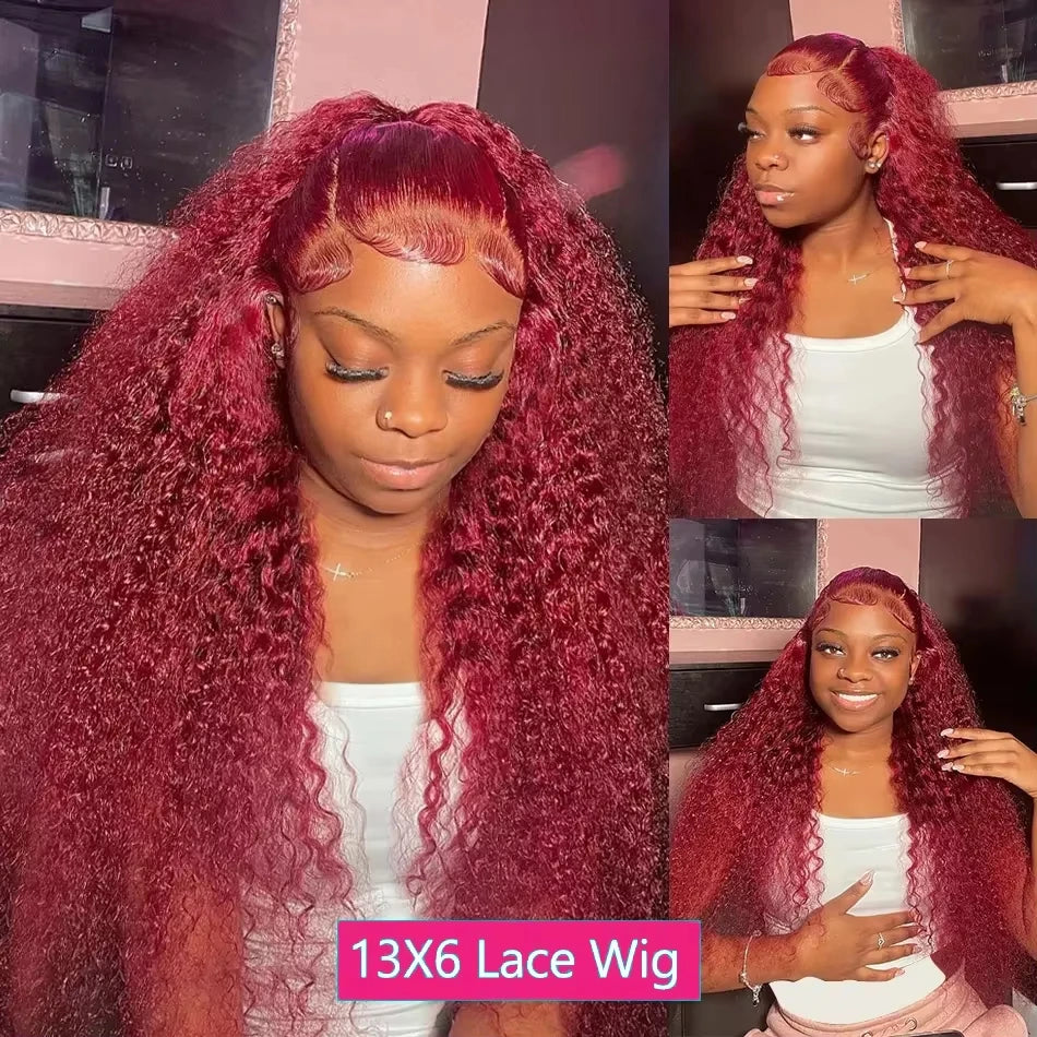 99J Burgundy Deep Wave HD Lace Front Wig – 13x6 & 13x4 Human Hair Frontal, Long Curly Red Wig