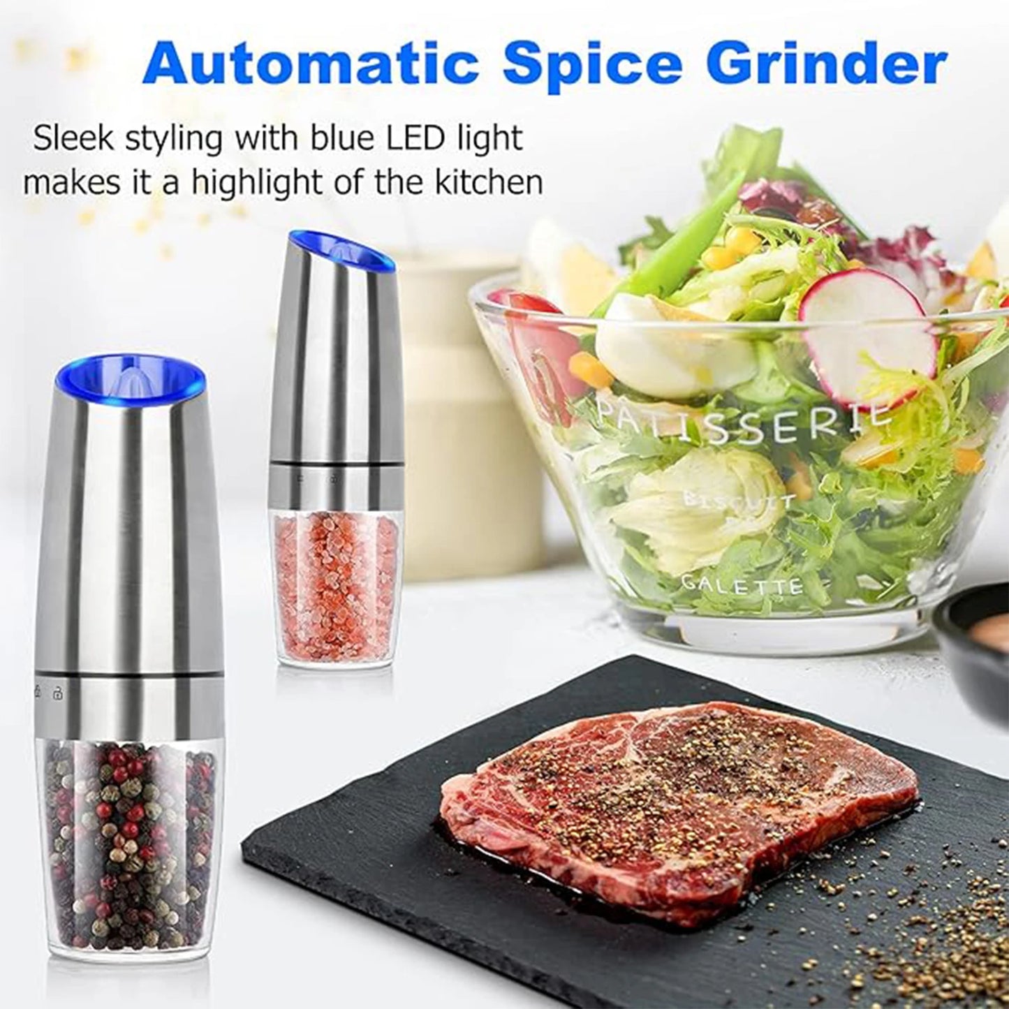 1pc/2pcs, Gravity Electric Salt And Pepper Grinder - Salt & Pepper Mill Sets With LED Light, One Hand Automatic Operation, Adjus