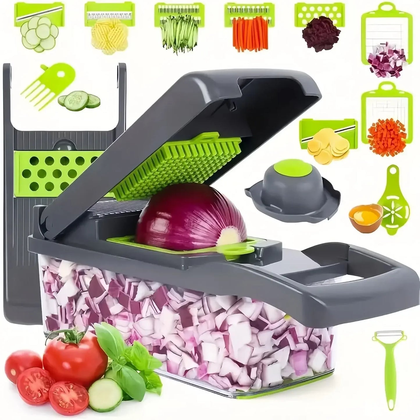 Multifunctional Vegetable Chopper 14/16-in-1 | Food Slicer, Dicer & Grater with Container – Stainless Steel Blades