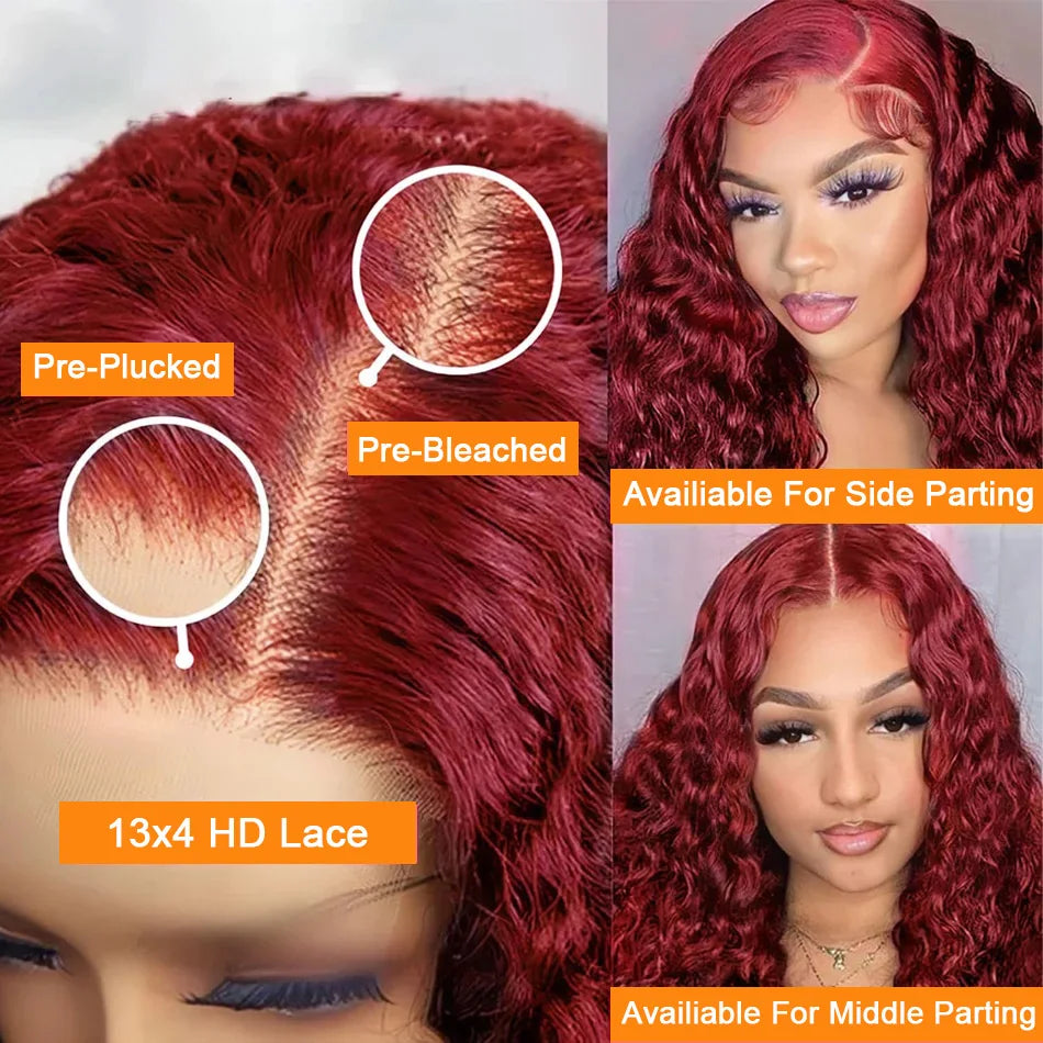 99J Burgundy Deep Wave HD Lace Front Human Hair Wig (13x6 / 13x4, Brazilian Remy, 30–40”)