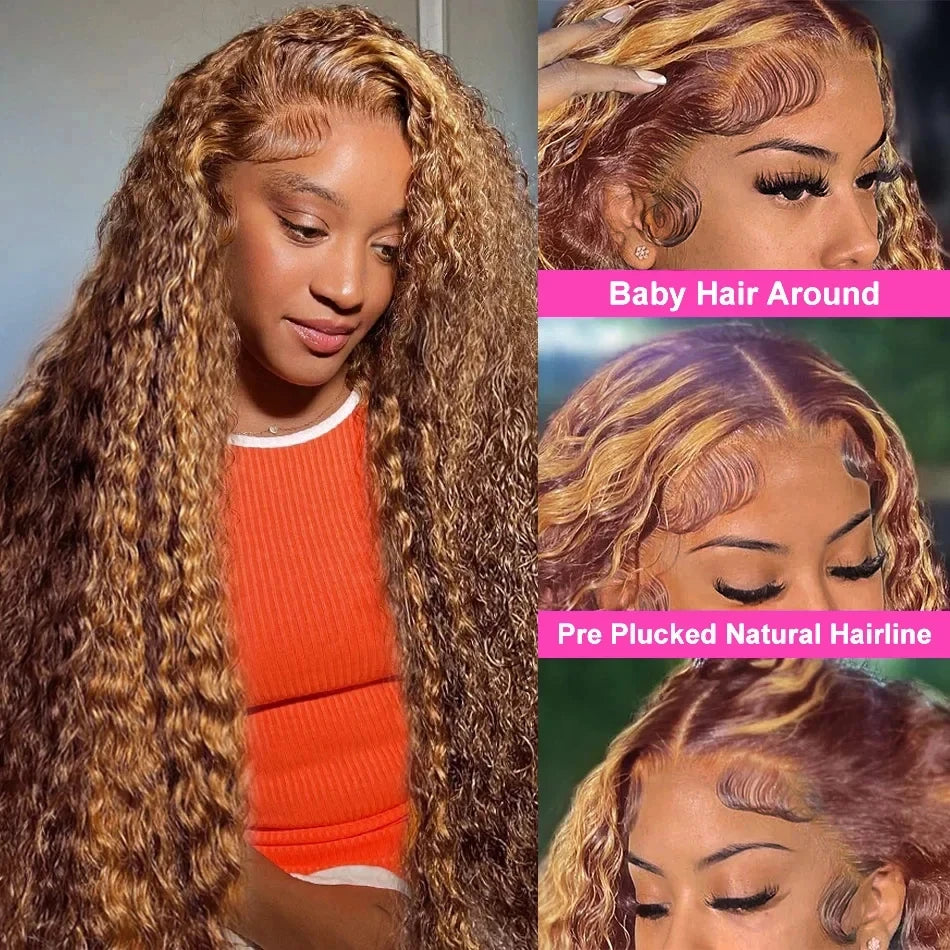 Finros Honey Blonde Highlight Deep Wave Lace Front Wig (30–36") | 13x4 / 13x6 HD Transparent Lace | Brazilian Remy Human Hair
