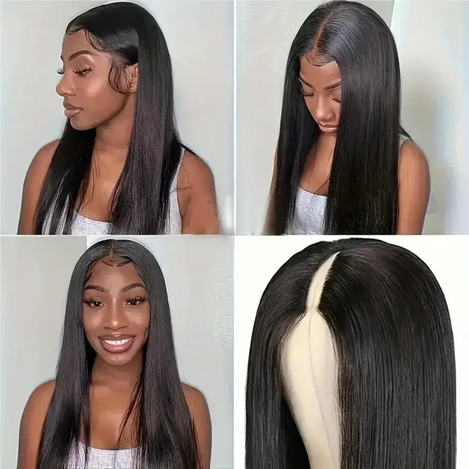 Glueless V Part Straight Human Hair Wig (220% Density, Natural Black, Beginner Friendly, No Leave Out)