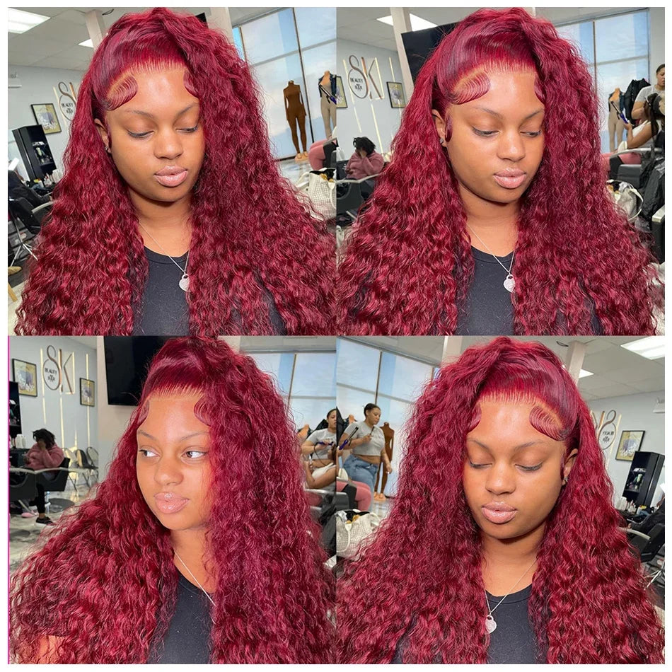 99J Burgundy Deep Wave HD Lace Front Human Hair Wig (13x6 / 13x4, Brazilian Remy, 30–40”)