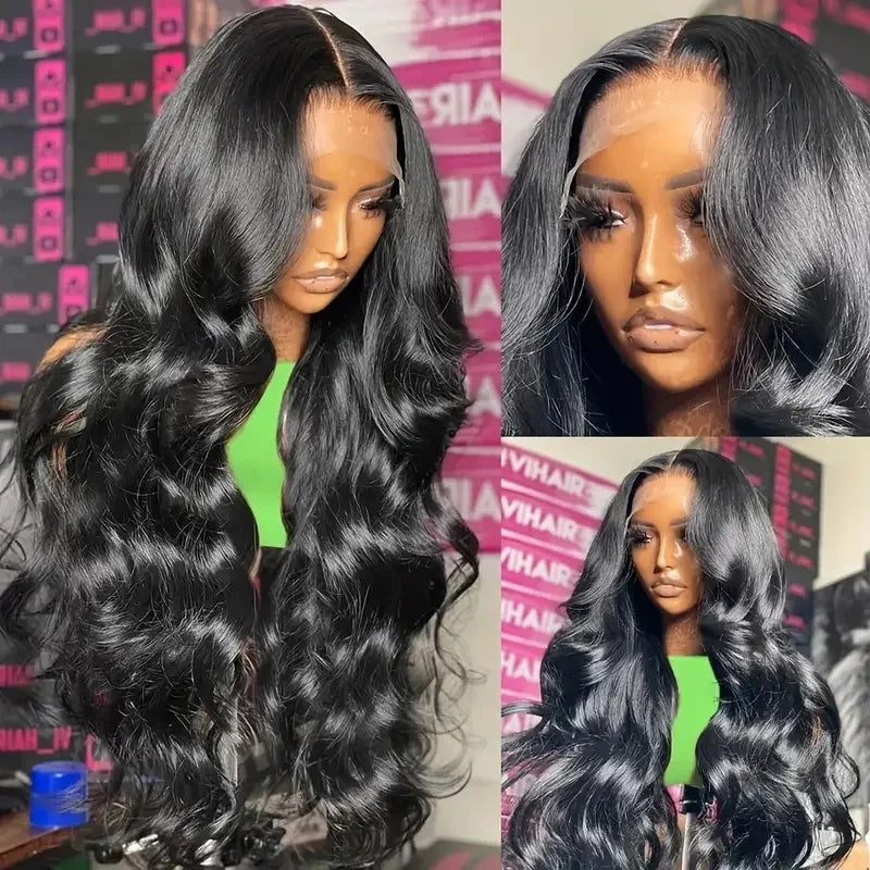 Natural Black 13x4 HD Transparent Lace Front Body Wave Wig 180% Density Brazilian Human Hair