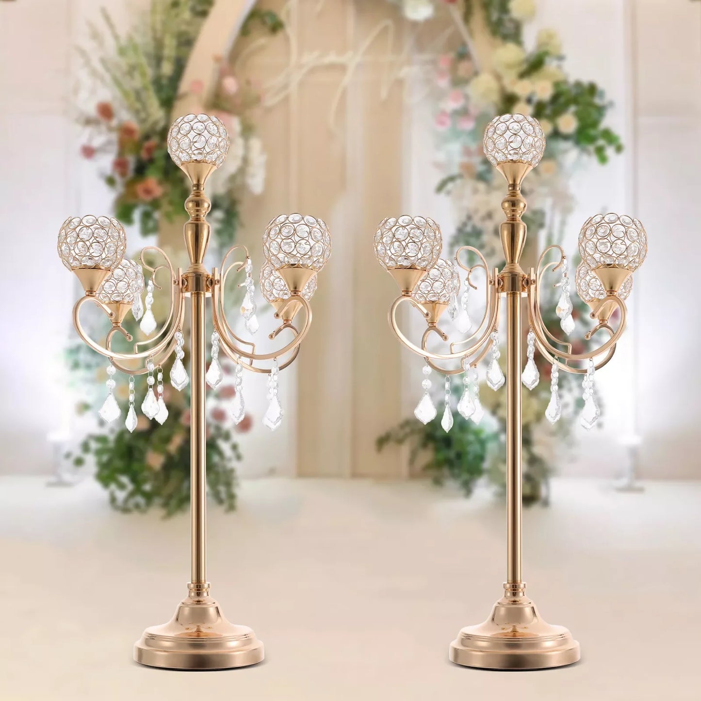 2PCS 5-Arm Crystal Candelabra Candle Holders – Gold Table Centerpieces for Weddings & Events
