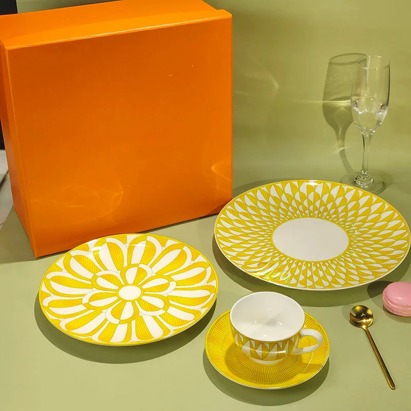 European Style Bone China Tableware Set – Sunshine Geometric Steak Plate & Cup Gift Set for Elegant Dining