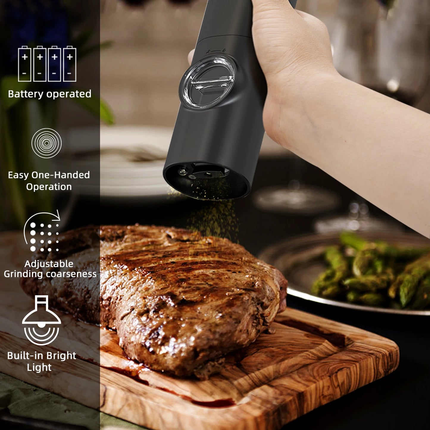 Electric Automatic Salt & Pepper Grinder Set with Base – Battery Powered, LED Light & Adjustable Coarseness
