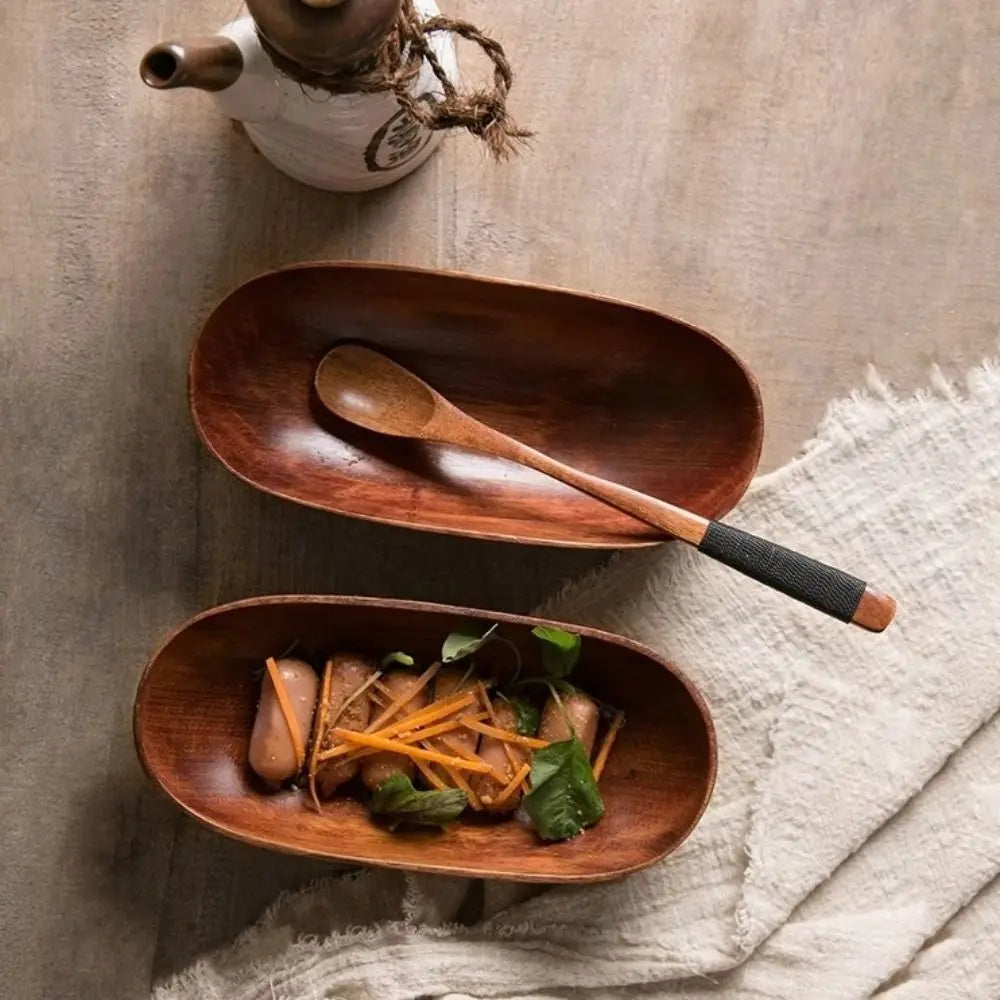 Creative Wooden Oval Salad Bowl – Japanese Boat Style Serving Tray