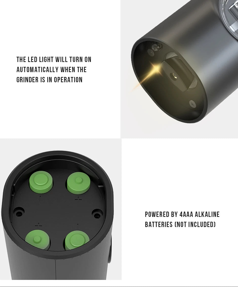 Electric Automatic Salt & Pepper Grinder Set with Base – Battery Powered, LED Light & Adjustable Coarseness