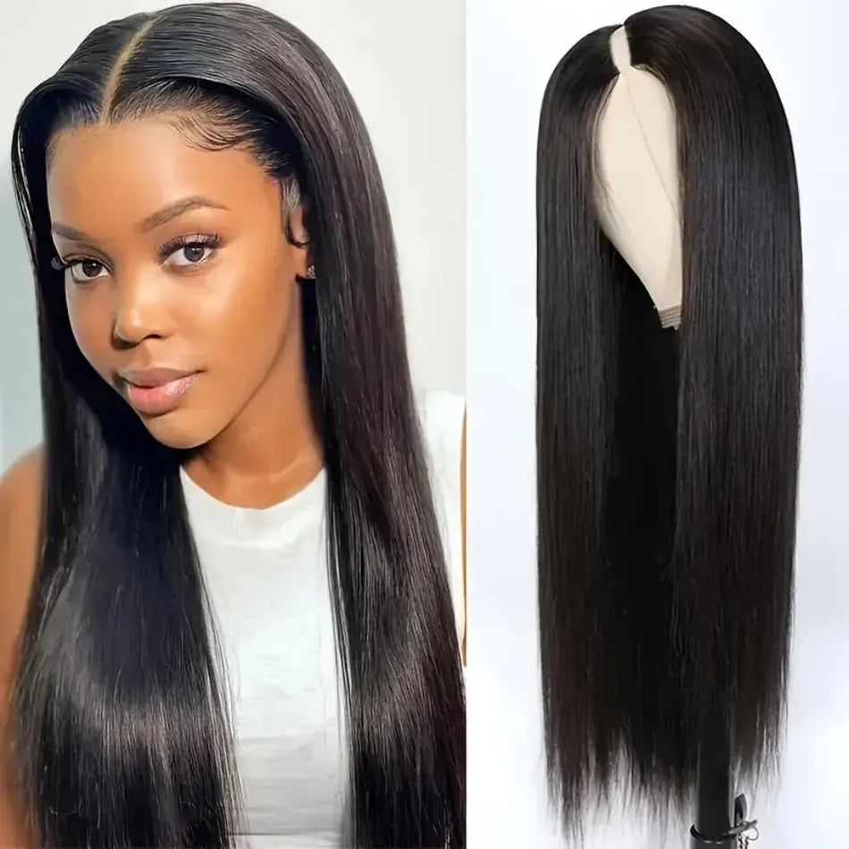 Glueless V Part Straight Human Hair Wig (220% Density, Natural Black, Beginner Friendly, No Leave Out)