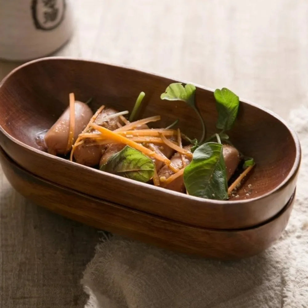 Creative Wooden Oval Salad Bowl – Japanese Boat Style Serving Tray