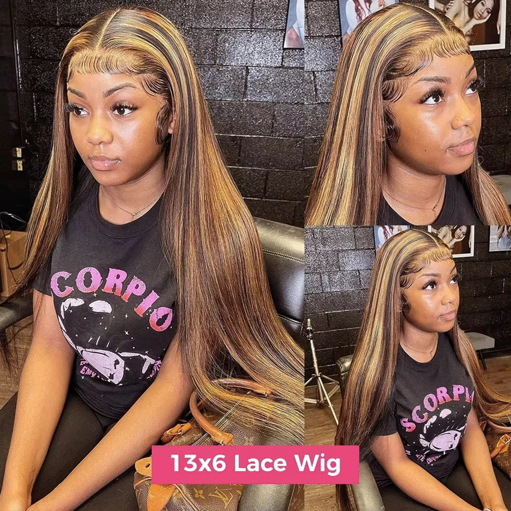 4/27 Highlight Straight HD Lace Front Wig – 38 Inch Long Human Hair, 200% Density Brazilian Wig