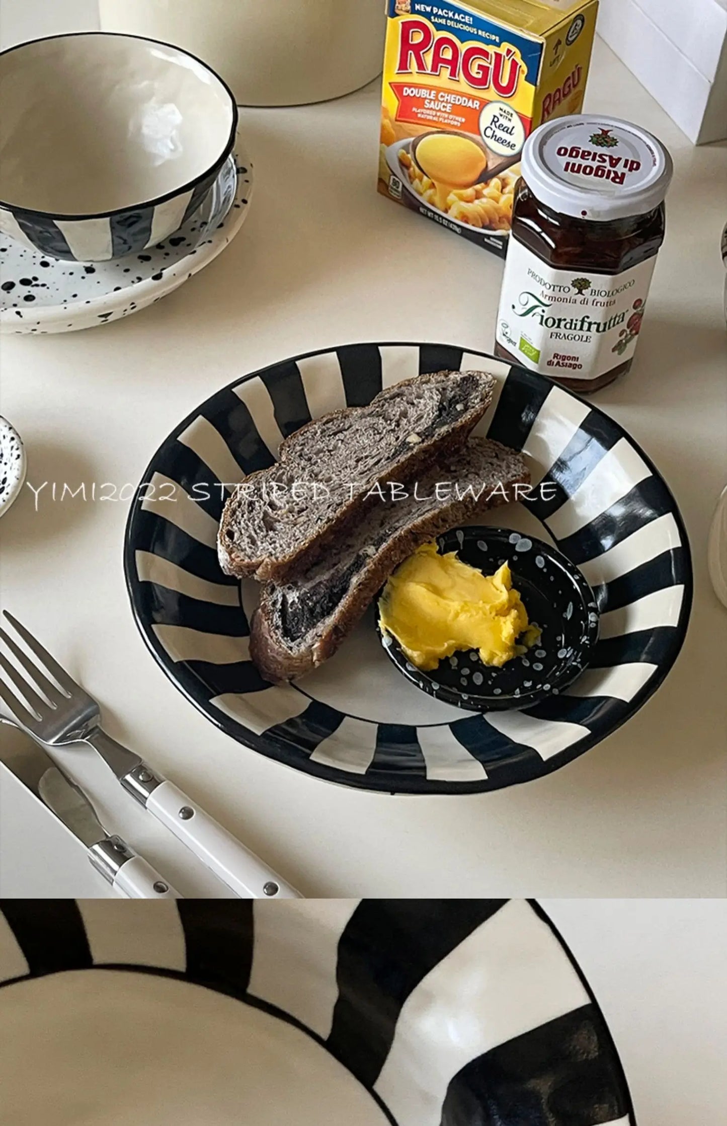 Ins Style Striped Ceramic Bowl – Handcrafted Black & White Tableware for Breakfast, Noodles, Fruits & Desserts