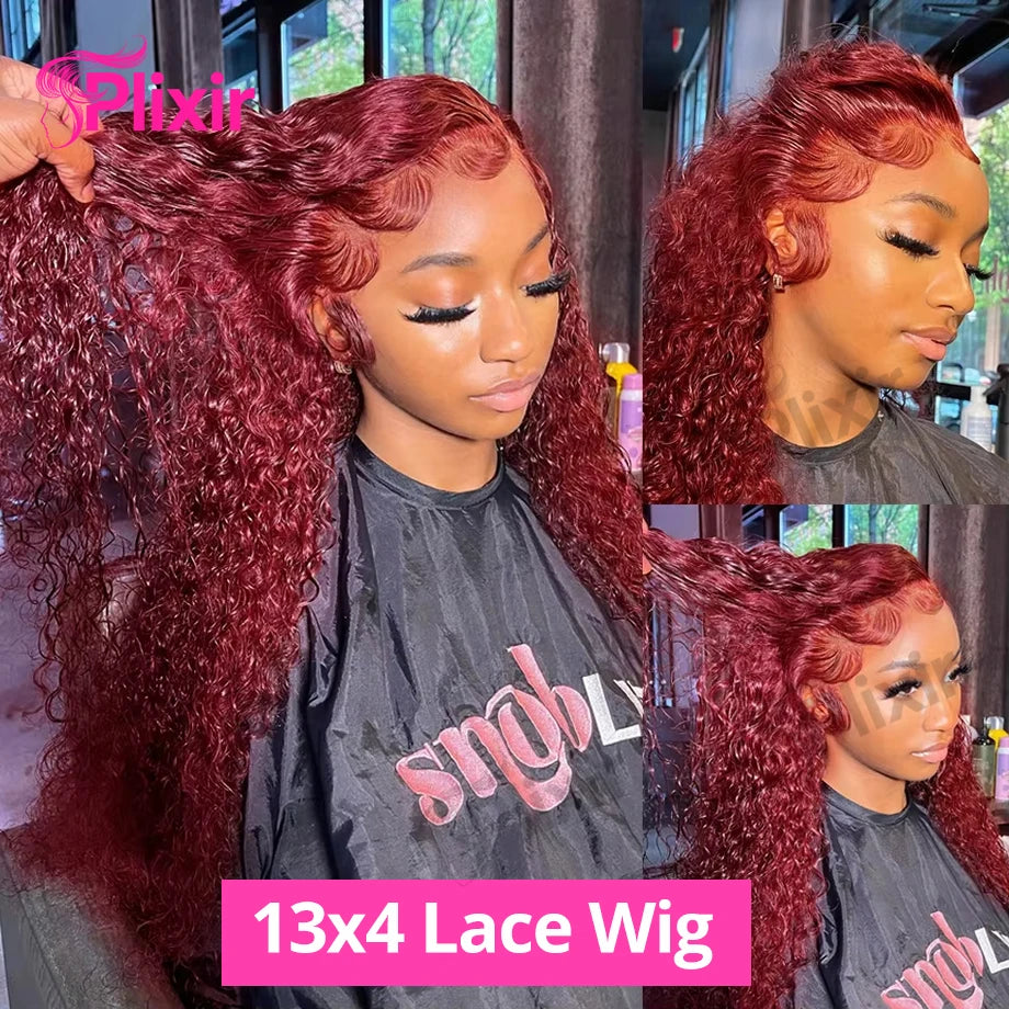 99J Burgundy Deep Wave HD Lace Front Human Hair Wig (13x6 / 13x4, Brazilian Remy, 30”)