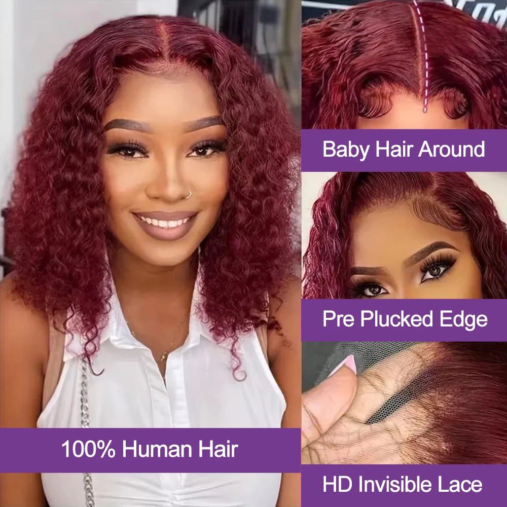 Burgundy 99J Deep Wave Bob Human Hair Wig – 13x6 / 13x4 HD Lace Front Glueless Short Curly Wig