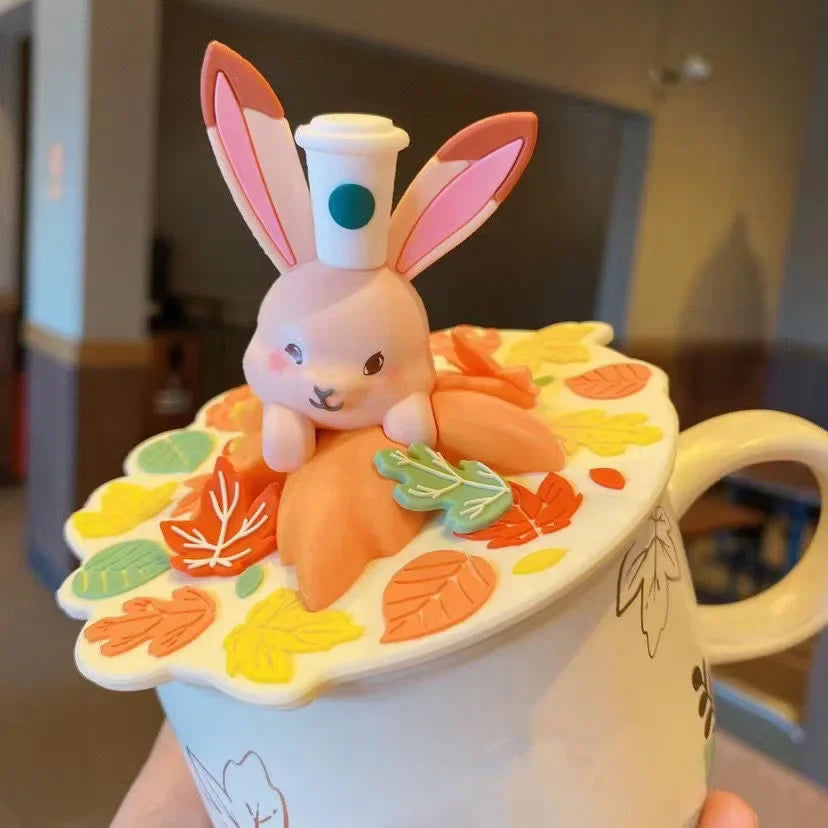 Autumn Forest Animal Ceramic Mug with Lid – Cute Fox, Rabbit & Squirrel Cup