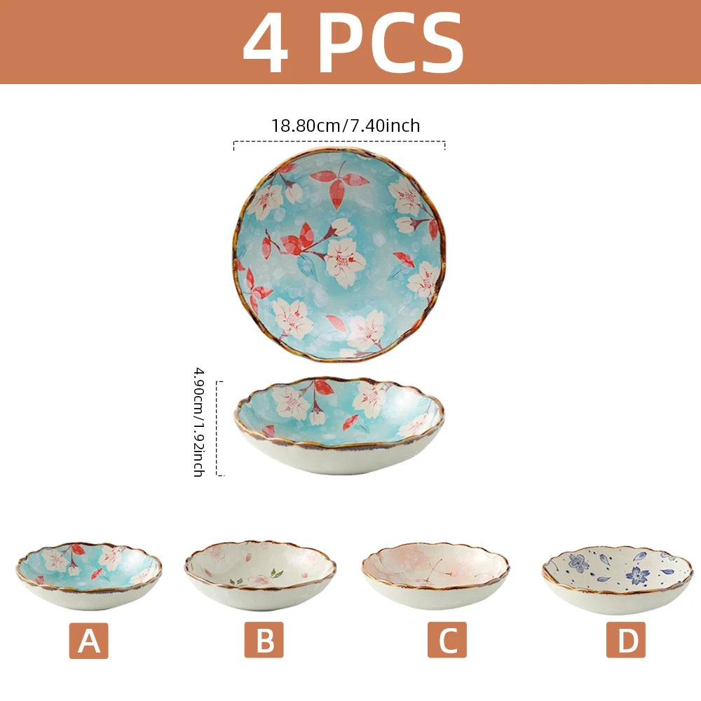 Japanese Floral Ceramic Plates – Handcrafted Round Deep Dinner Dishes for Home, Café & Restaurant Use