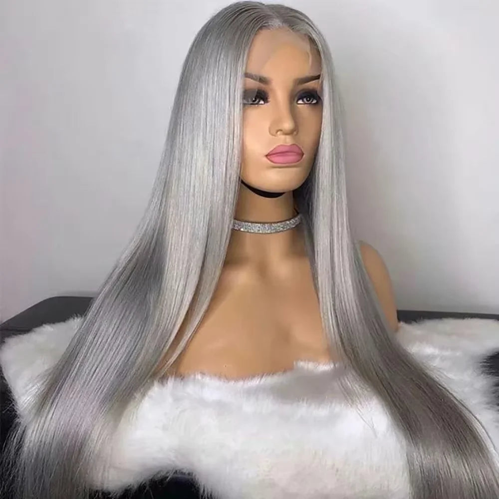 40” Silver Grey Straight HD Lace Front Human Hair Wig (13x6 / 13x4, Brazilian Remy, Pre-Plucked)