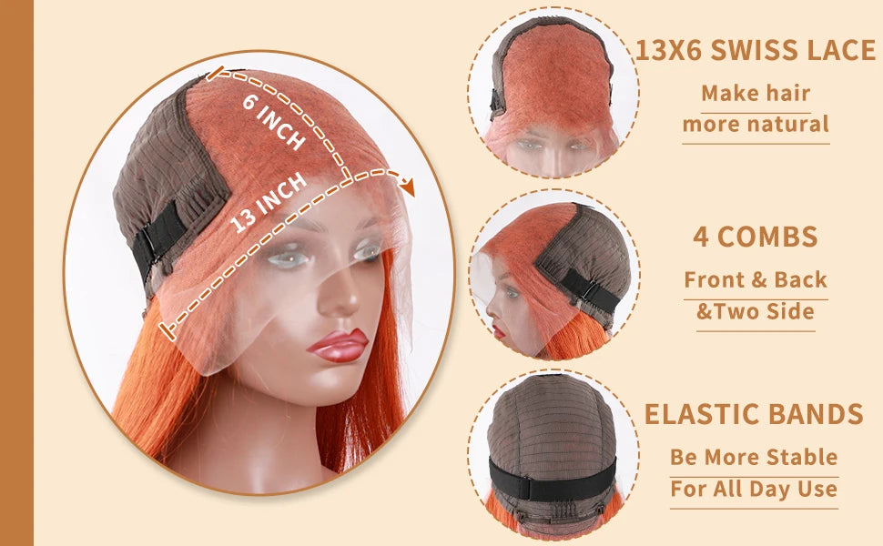 Ginger Orange 13x6 HD Lace Front Human Hair Wig – 30 inch, 200 Density, Straight, Pre-Plucked Natural Hairline