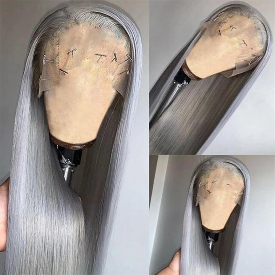 Transparent 13x6 Silver Grey Body Wave Human Hair Lace Front Wig – Pre-Plucked, 250–300% Density, Long Remy Brazilian Hair