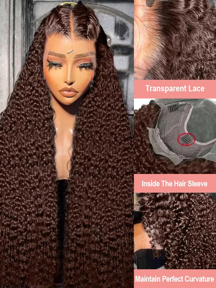 Deep Curly Chocolate Brown HD Lace Frontal Wig – 13x4 / 13x6 Virgin Brazilian Human Hair (30–36 Inch)