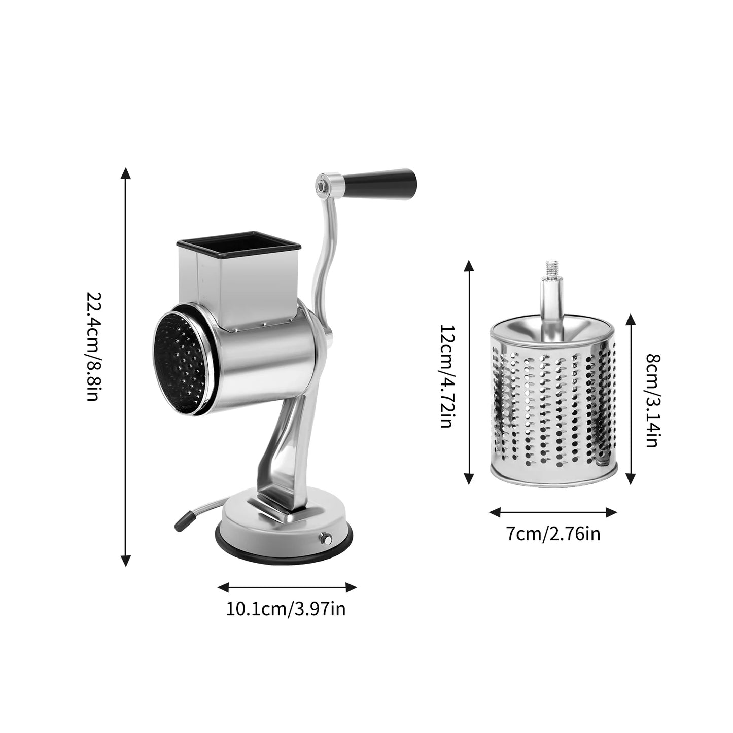 Manual Rotary Grater – 5-in-1 Stainless Steel Vegetable & Cheese Slicer Grinder