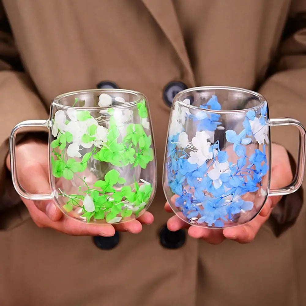 🌸 Double Wall Glass Cup 200ml – Clear Dried Flower Coffee & Tea Mug with Handle