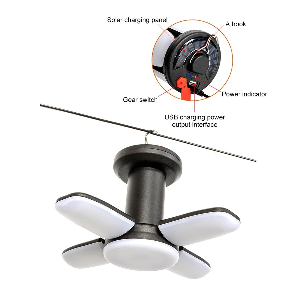 Rechargeable LED Camping Lantern with Solar & USB Power | Portable Folding Tent Light for Hiking, Fishing & Outdoor Use