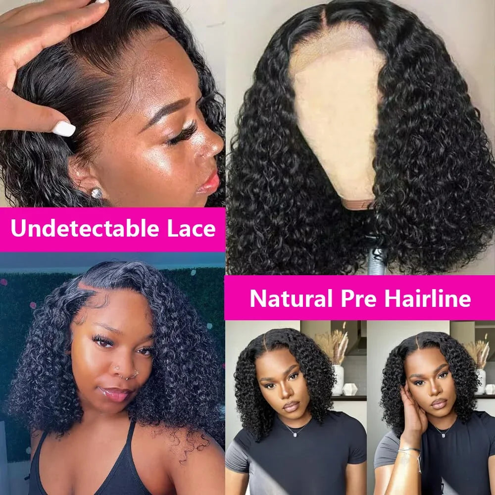 Deep Wave Short Bob 13x4 Lace Front Remy Human Hair Wig (Transparent Swiss Lace, Pre-Plucked Look)