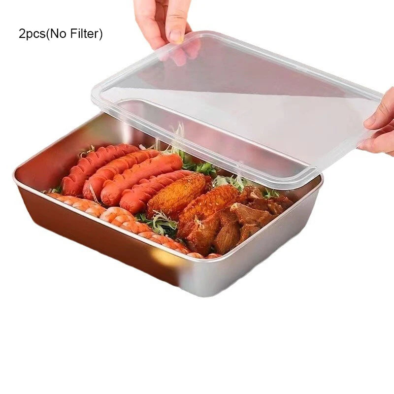 3PCS Stainless Steel Square Plates with Lids – Food Grade Multi-Purpose Set for BBQ, Steaming & Cold Dishes