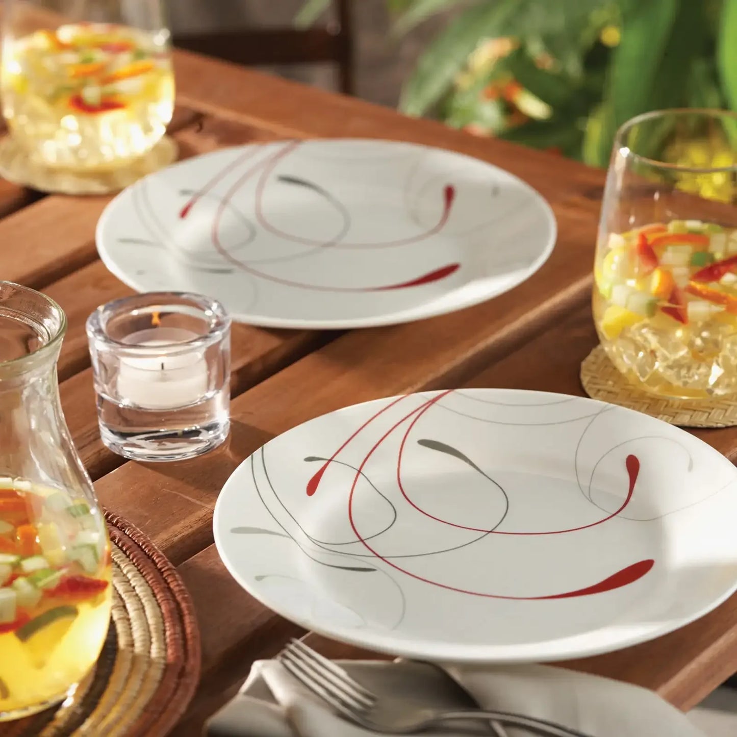 White and Red Dinnerware Set – 12-Piece Ceramic Plates & Bowls for 4, Durable & Dishwasher Safe