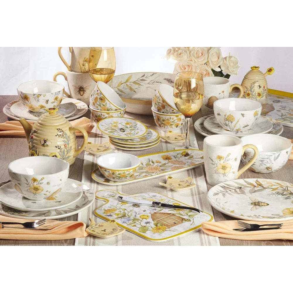 Floral Bee Ceramic Dinner Plates Set of 4 – 10.75" Nature-Inspired Tableware, Dishwasher Safe