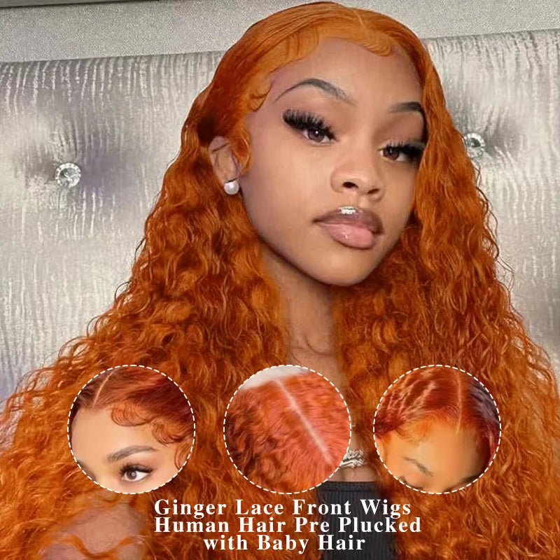 Ginger Orange Water Wave Colored Human Hair Wig · Transparent Lace Front · 26+ Inch