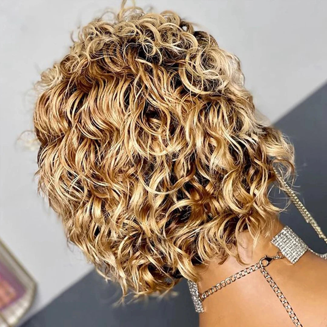 99J Burgundy Highlight Short Curly Pixie Cut Human Hair Lace Front Wig – Pre-Plucked 13×2 Bob Style