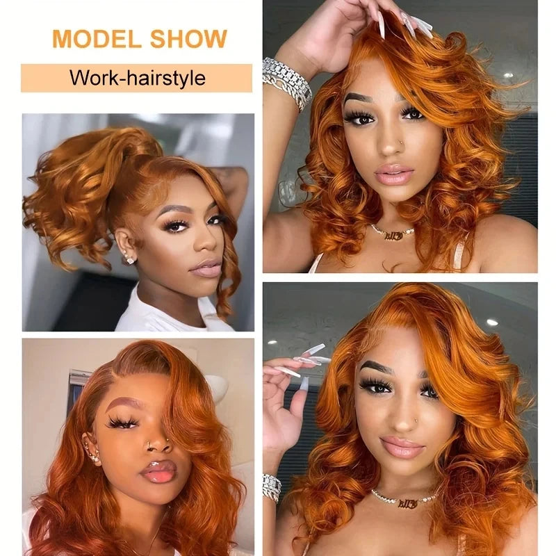 Ginger Orange Body Wave Bob Glueless 4x4 HD Lace Closure Remy Human Hair Wig (#350, Pre-Plucked)