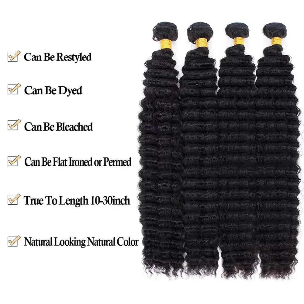 Deep Wave Brazilian Remy Hair Bundles | 100% Human Hair | Natural Color | 10-40 Inch | 1/3/4 Pieces