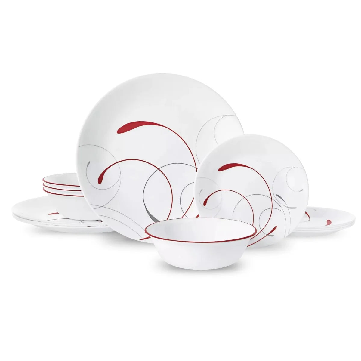 White and Red Dinnerware Set – 12-Piece Ceramic Plates & Bowls for 4, Durable & Dishwasher Safe