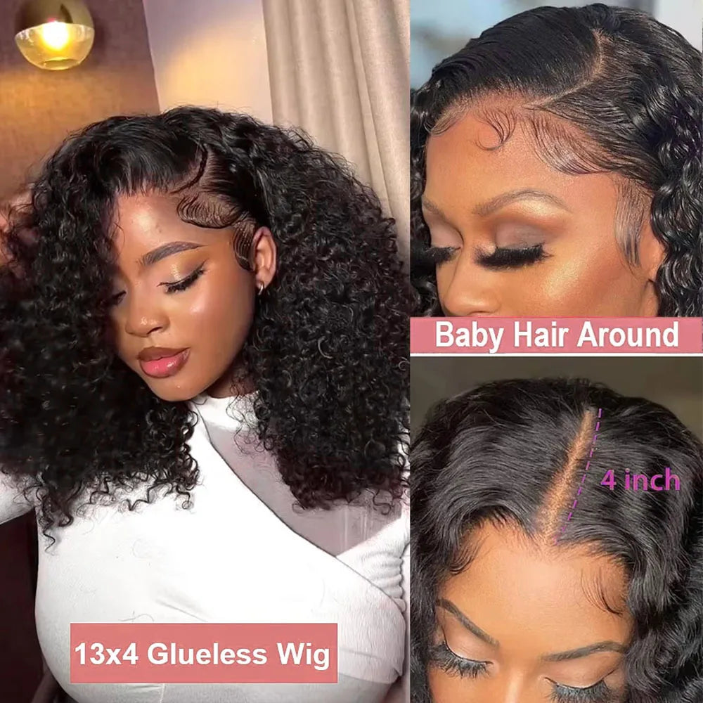 Deep Water Wave Curly Bob Human Hair Wig – 13x6 Transparent Lace Frontal, Glueless (7x5), 250% Density (12–14 Inch)