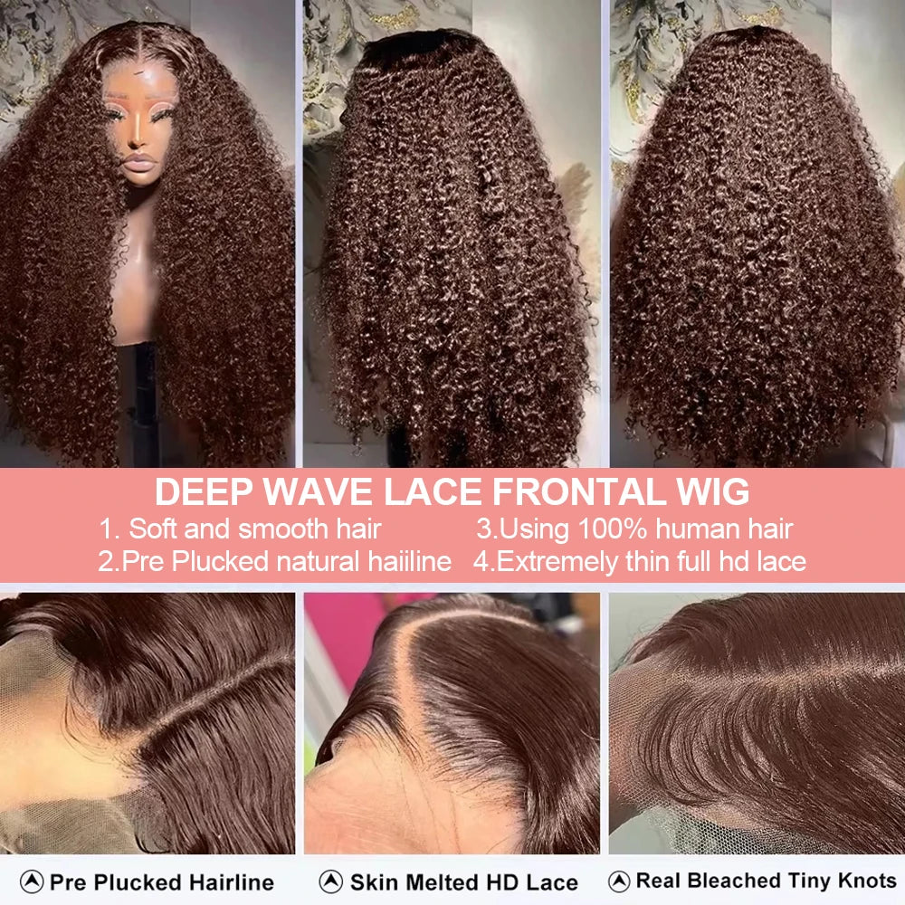 Deep Curly Chocolate Brown HD Lace Frontal Wig – 13x4 / 13x6 Virgin Brazilian Human Hair (30–36 Inch)