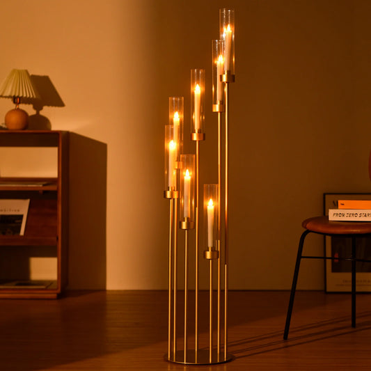 4 Sets 7-Arms Gold Floor Candelabra – 48” Tall Metal Candle Holders with Acrylic Lampshades for Wedding & Home Décor