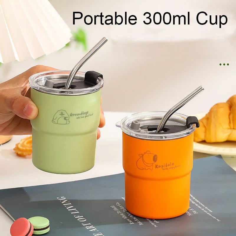300ml Stainless Steel Tumbler with Straw & Lid – Portable Coffee Travel Mug