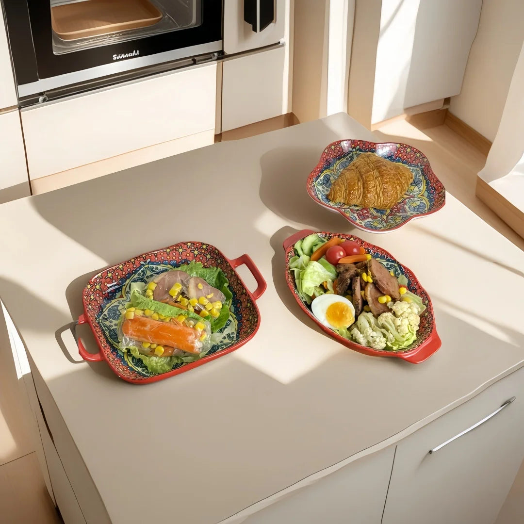 Bohemian Ceramic Plate Set – Double-Eared Fish Plates & High-Value Salad Dish for Home Dining and Cooking